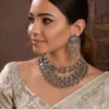 3 Layers Mirror Jewellery Set with Necklace and Earrings, Oxidised Silver