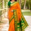 Elephant Design Cotton Silk Saree with Running Blouse Piece ( orange, Free Size )