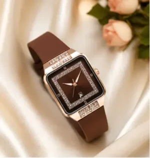 Luxury Square Watch for Women & Girls – Brown Dial with Crystal Border | Stylish Silicon Strap Quartz Wristwatch ( brown, OS )