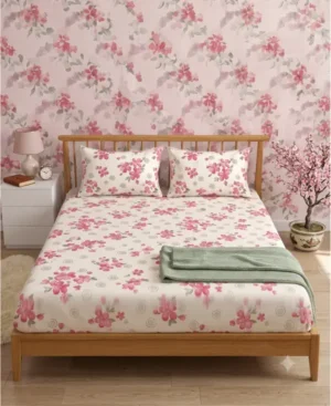 Floral Cotton Blend Fitted Bedsheet with 2 Pillow Covers