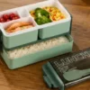 3-in-1 Plastic Lunch Box – Double Decker Airtight Tiffin with 3 Detachable Containers & 2 Spoon ( green, OS )