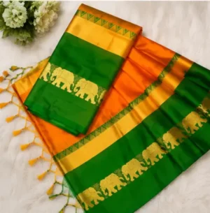 Elephant Design Cotton Silk Saree with Running Blouse Piece ( orange, Free Size )