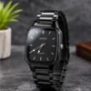 Men's Black Square Dial Analog Quartz Watch with Metal Strap