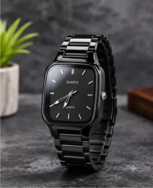 Men's Black Square Dial Analog Quartz Watch with Metal Strap