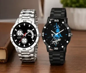 Men’s Analog Watch Combo Pack of 2 – Black Dial Stainless Steel Chain & Rubber Strap Watches | Quartz Casual Wristwatch Set ( default, OS )
