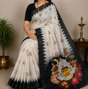Digital Print Cotton Linen Saree with Blouse ( black, Free Size )