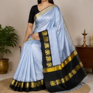 Elephant Design Cotton Silk Saree with Running Blouse Piece ( grey, Free Size )
