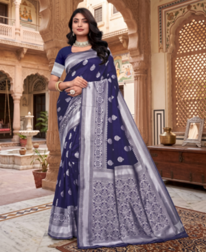 Premium Banarasi Silk Saree with Blouse Piece (Navy Blue)