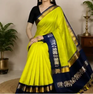 Elephant Design Cotton Silk Saree with Running Blouse Piece ( Lime Green, Free Size )