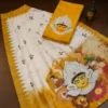 Digital Print Cotton Linen Saree with Blouse ( yellow, Free Size )