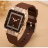 Luxury Square Watch for Women & Girls – Brown Dial with Crystal Border | Stylish Silicon Strap Quartz Wristwatch ( brown, OS )