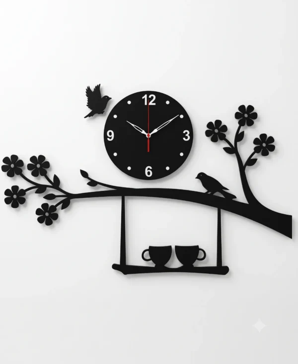 Tree and Coffee Cup Modern Acrylic Wall Clock – Black