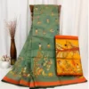 Silk Saree with Blouse, Khadi Silk Designer Printed Saree for Women, 1 Pc ( Teal, Free Size )