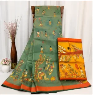 Silk Saree with Blouse, Khadi Silk Designer Printed Saree for Women, 1 Pc ( Teal, Free Size )