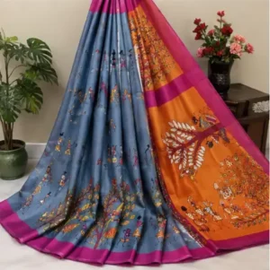 Silk Saree with Blouse, Khadi Silk Designer Printed Saree for Women,1 Pc ( grey, Free Size )