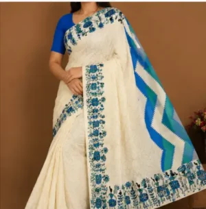 Silk Saree with Blouse, Khadi Silk Designer Printed Saree for Women, 1 Pc ( white, Free Size )