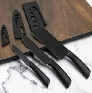 3 Pcs Kitchen Knife Set – Stainless Steel Multipurpose Cutting Knives with Protective Covers ( black, OS )