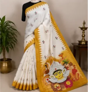 Digital Print Cotton Linen Saree with Blouse ( yellow, Free Size )