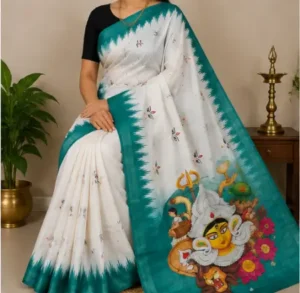 Digital Print Cotton Linen Saree with Blouse ( blue, Free Size )