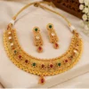 Matte Finish Hasdi Set – Gold Plated Copper Necklace and Earrings with Artificial Stones ( default, OS )